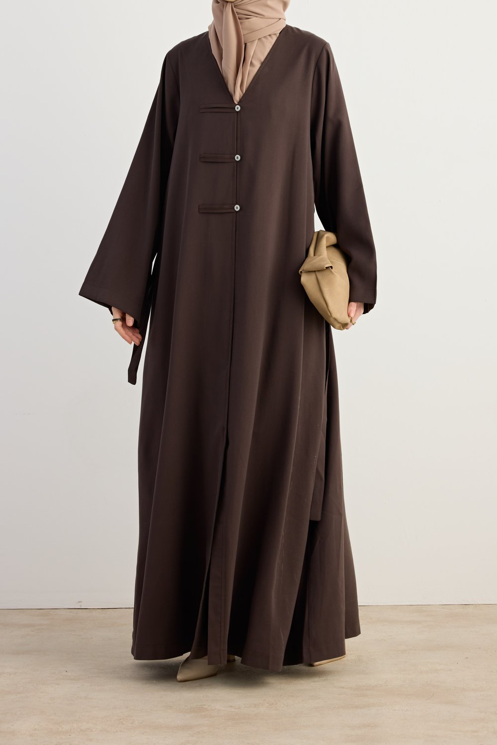 Sedef Düğmeli Tensel Abaya - Acı kahve