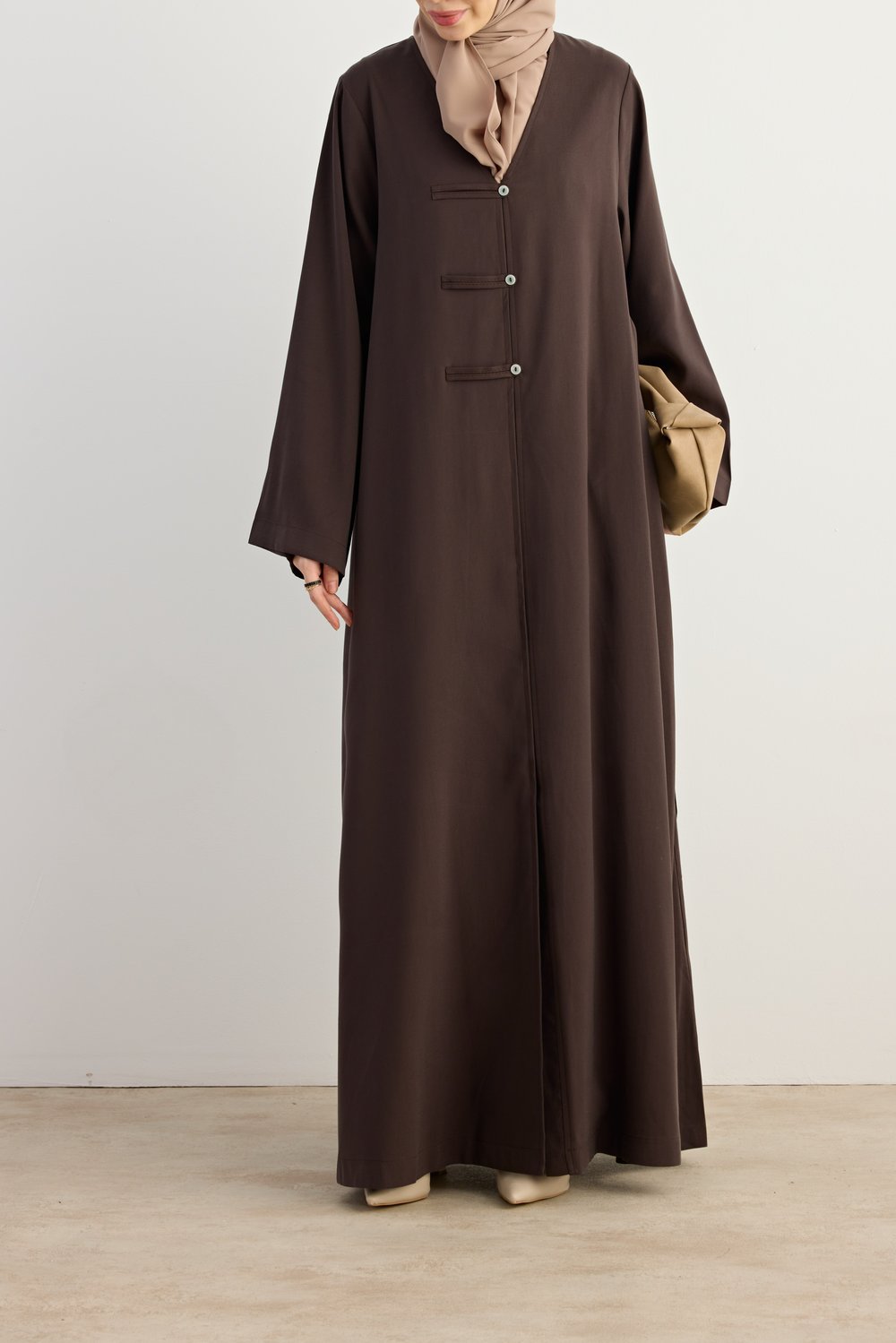 Sedef Düğmeli Tensel Abaya - Acı kahve