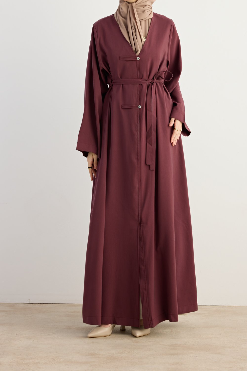 Sedef Düğmeli Tensel Abaya - Bordo