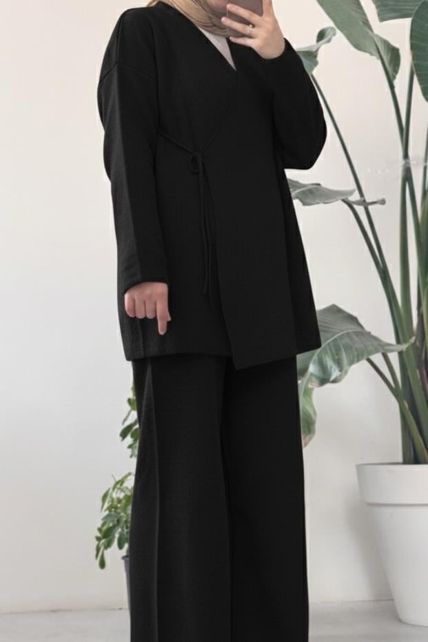 Triko Kimono Pantolonlu Takım - Siyah