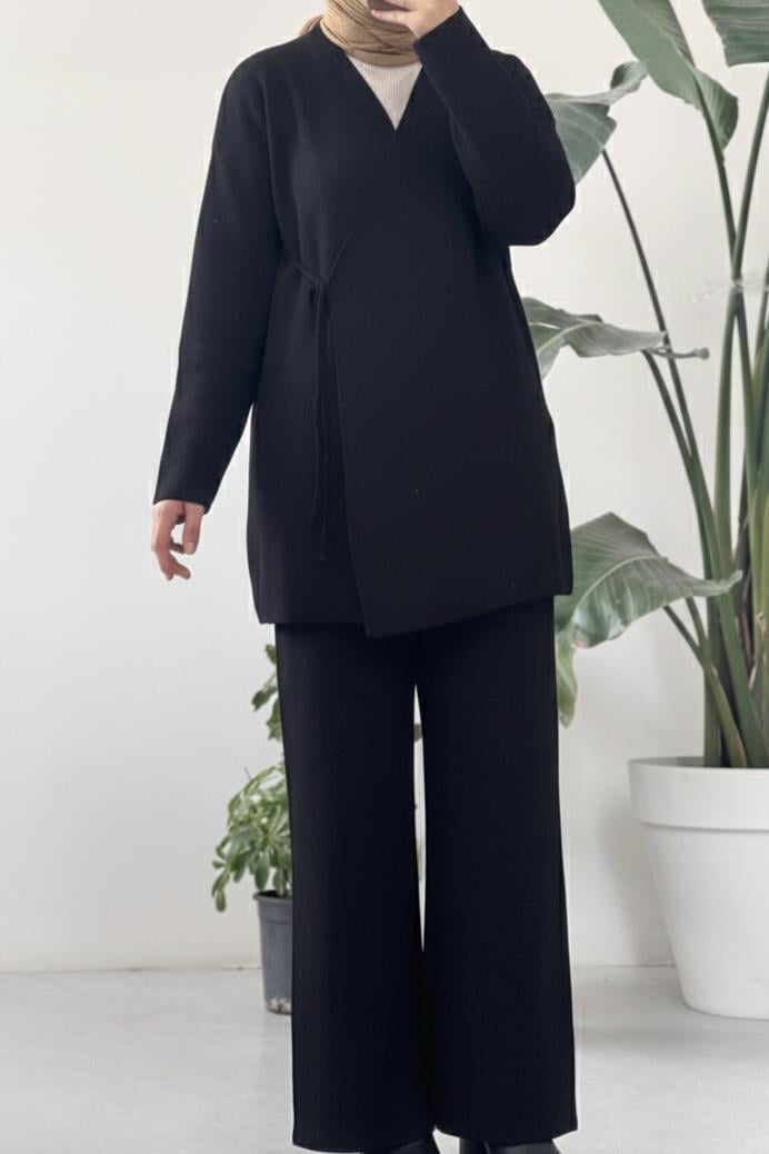 Triko Kimono Pantolonlu Takım - Siyah