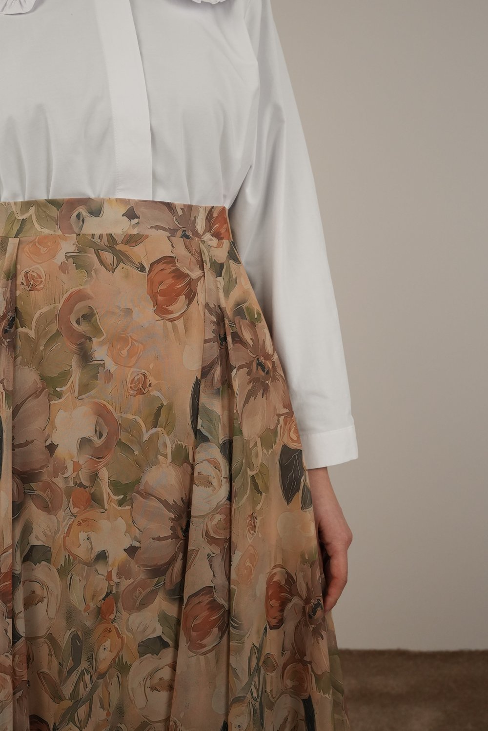 Volanlı Şifon Etek - Flora Vintage Vizon