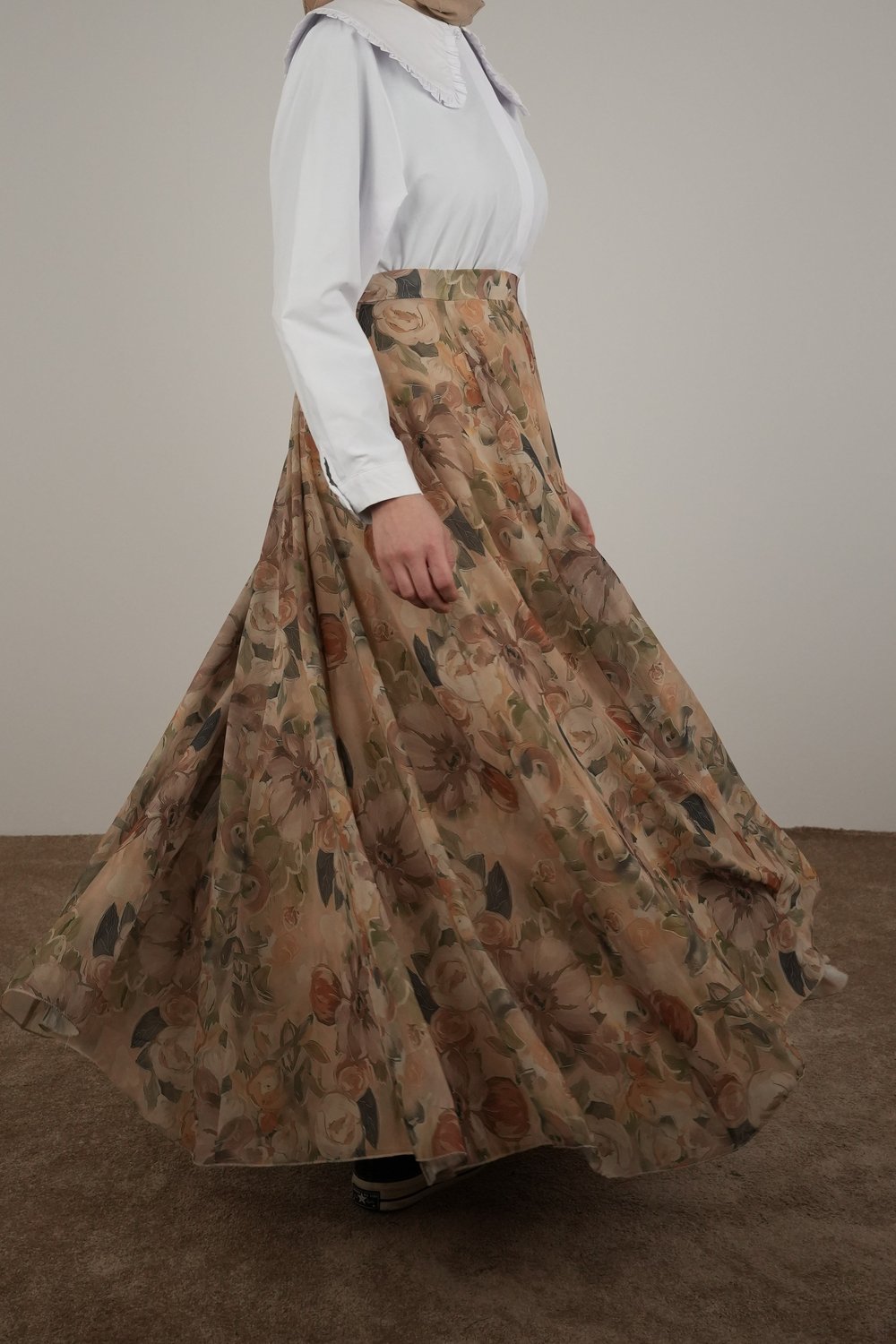 Volanlı Şifon Etek - Flora Vintage Vizon