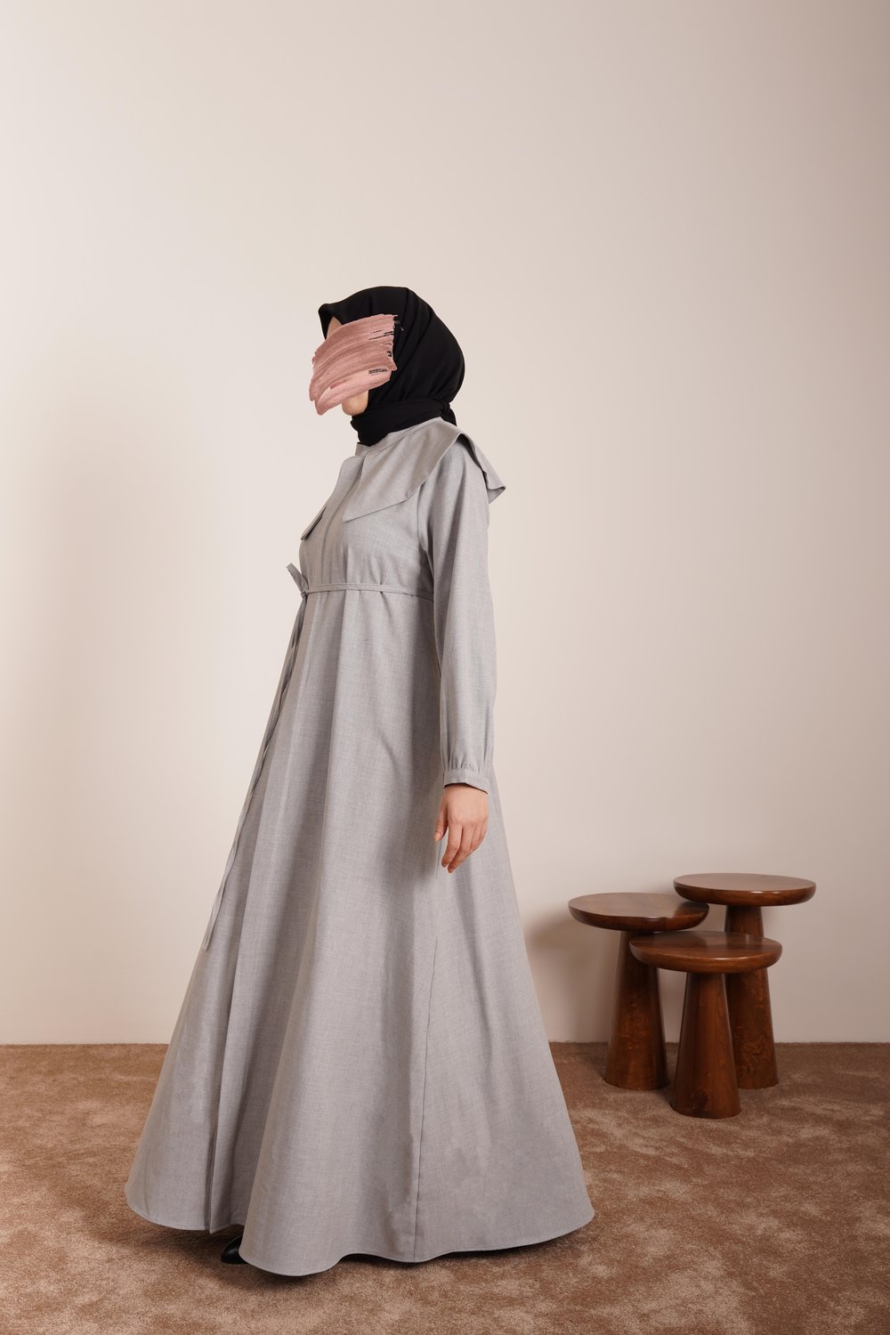 Yakalı Elbise Ferace - Gri