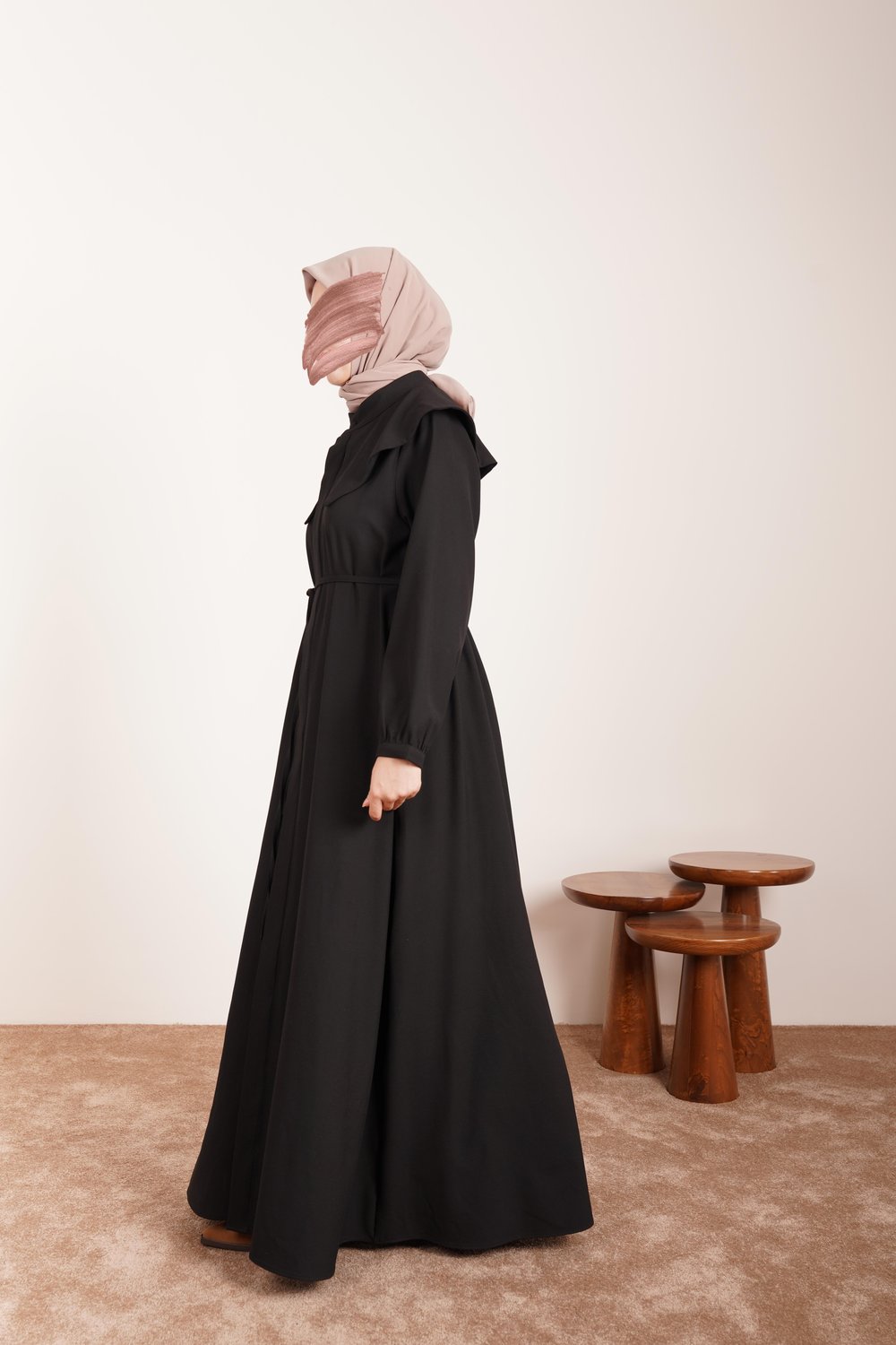 Yakalı Elbise Ferace - Siyah