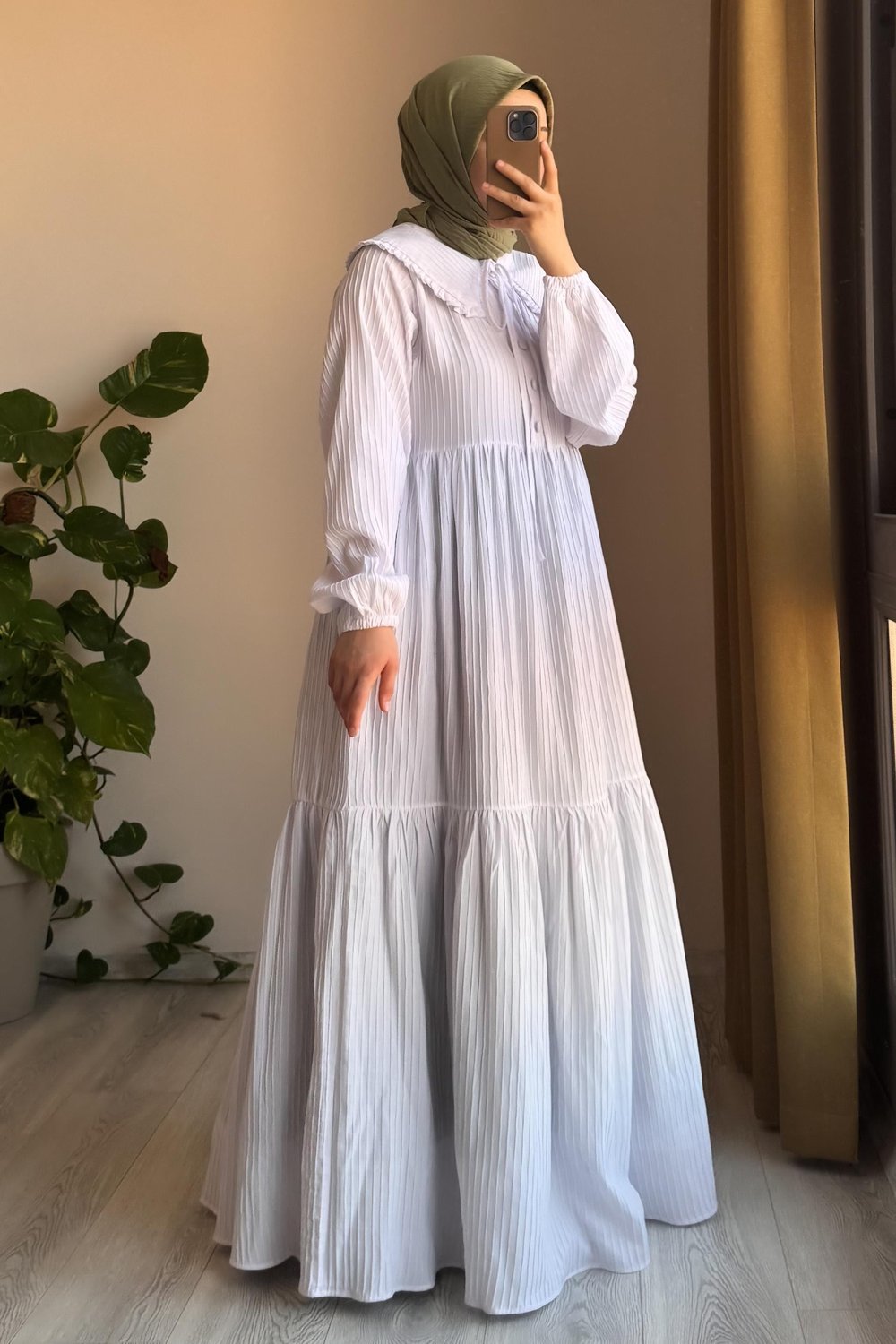 Yakalıklı Elbise - Ekru