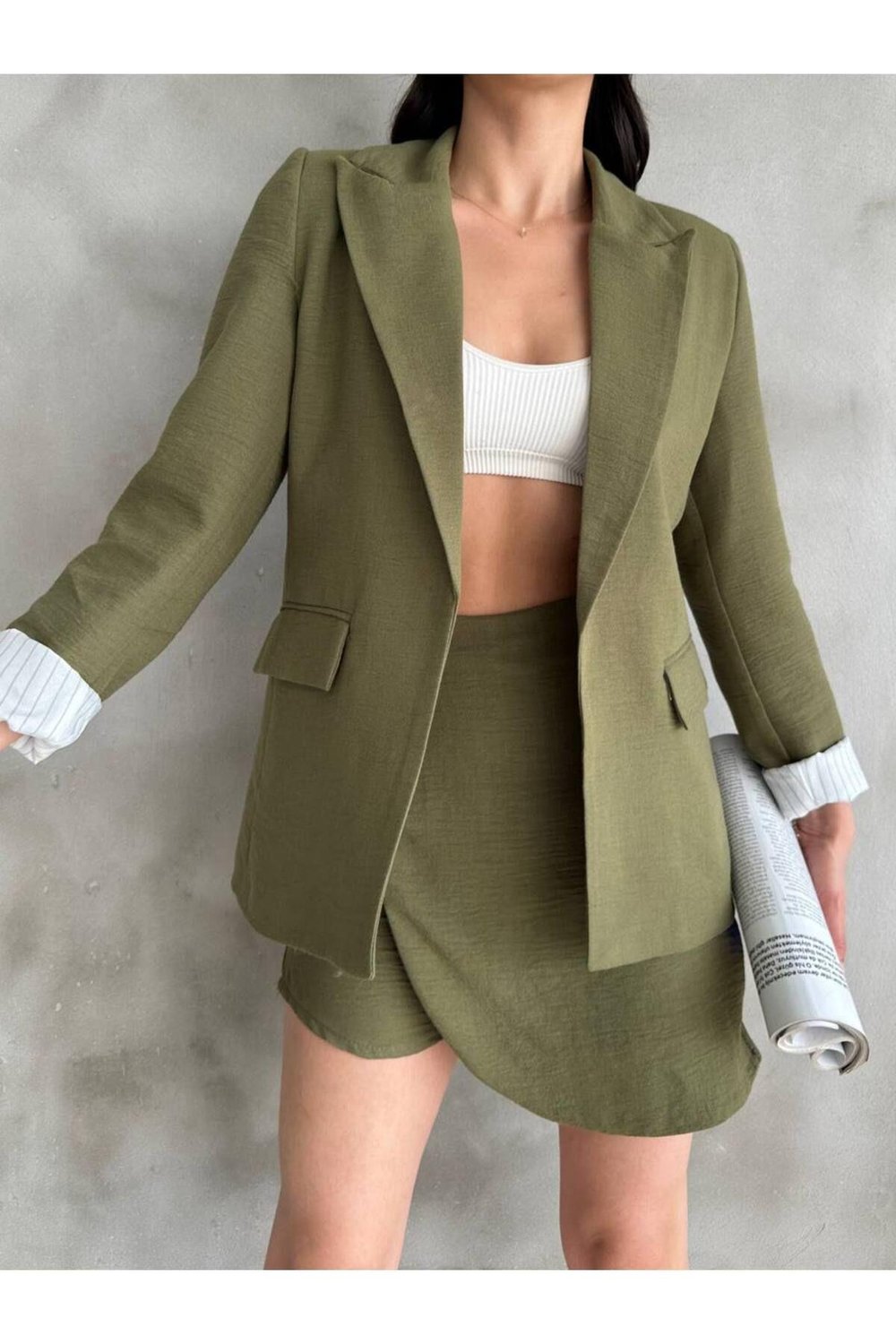  Haki Keten Blazer Ceket
