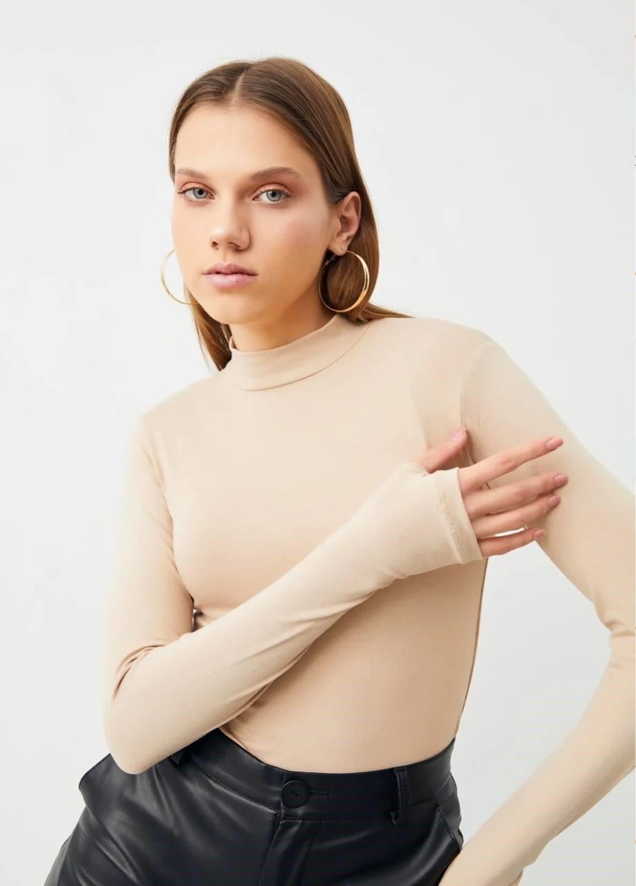  Parmak Detaylı Uzun Kol Bej Basic Body