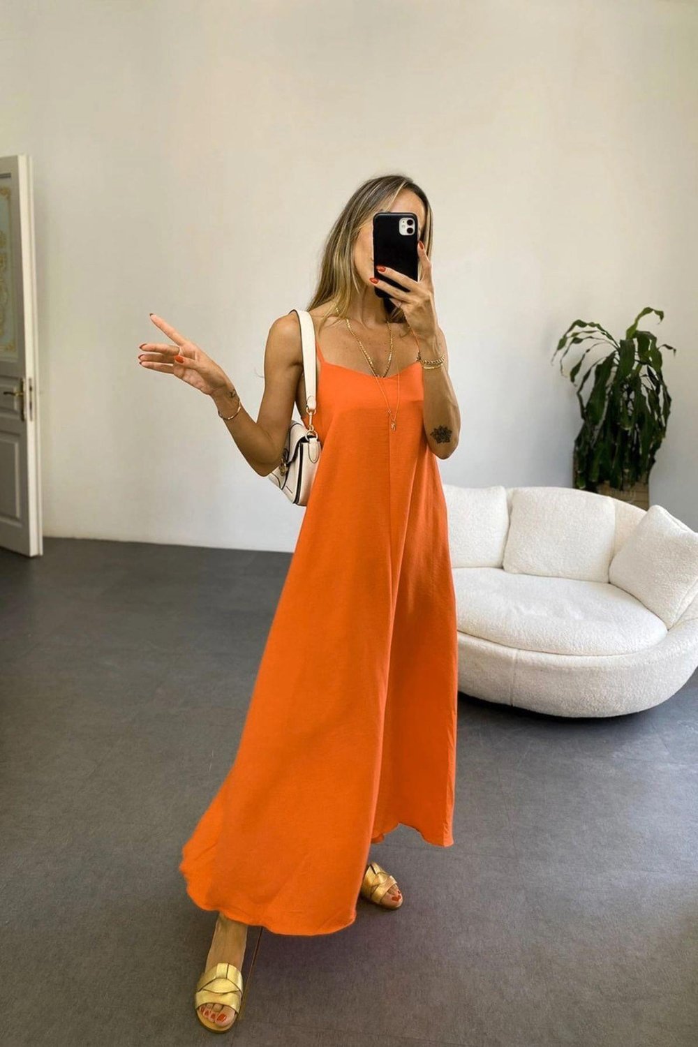 Askılı Neon Turuncu Oranj Ayrobin Salaş Yazlık Elbise