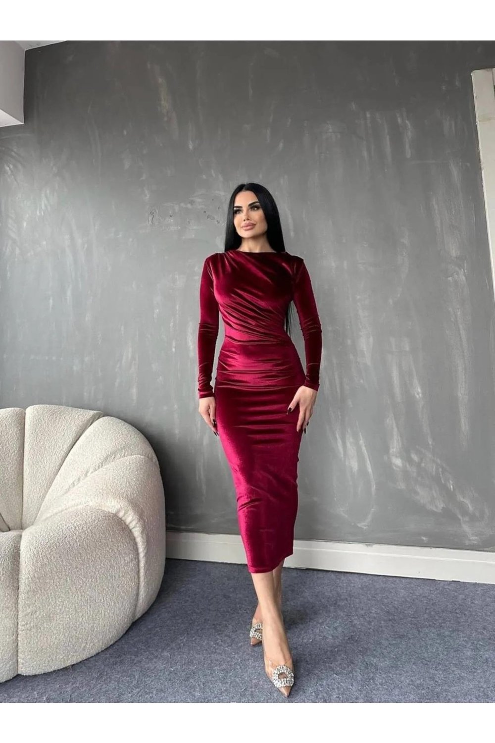 Bisiklet Yaka Drapeli Kadife Uzun Bordo Kırmızı Elbise