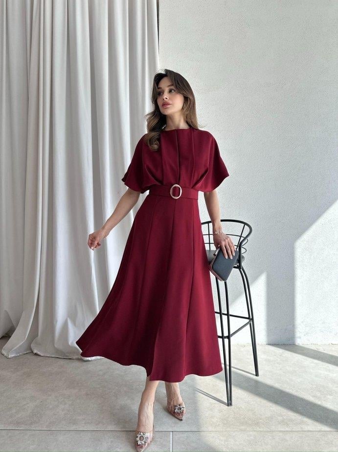 Kemerli Yarasa Kol Bordo Midi Elbise Kemerli Yarasa Kol Yırtmaç Detaylı  Abiye Nikah Mezuniyet Elbise