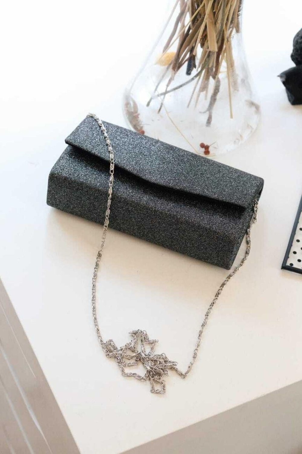 Simli Antrasit Clutch El Çantası