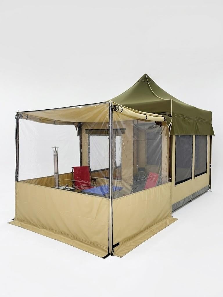 Çadır Dünyası Elite Pro: 3x3 XL Model Şeffaf Verandalı Kamp Çadırı - 9m2 Yaşam Alanı, Kompakt Katlanır Çelik İskelet ve Şeffaf PVC Panelli Ön Veranda