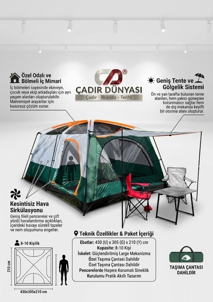 Çadır Dünyası Odalı Large Kamp Çadırı - 430x305x210 cm - 8-10 Kişilik
