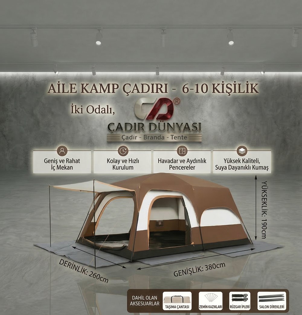 Çadır Dünyası Odalı Medium Kamp Çadırı - 380x260x200 cm - 6-8 Kişilik