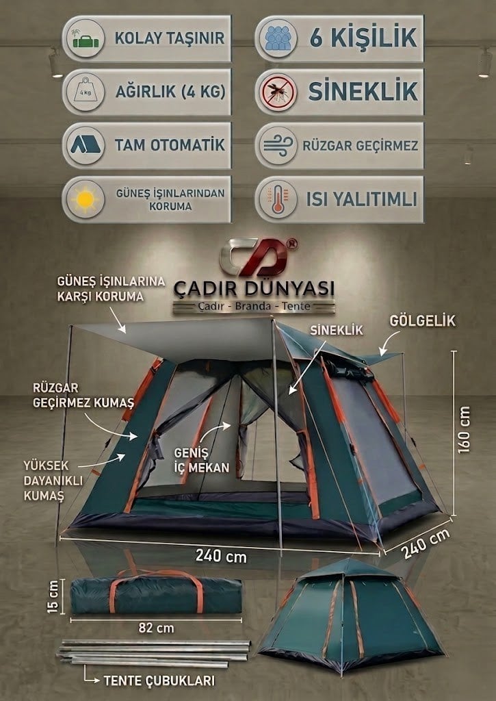 Çadır Dünyası Pratik Kurulumlu Gölgelikli Çadır - 160 cm Yükseklik - Krem/Yeşil/Turkuaz