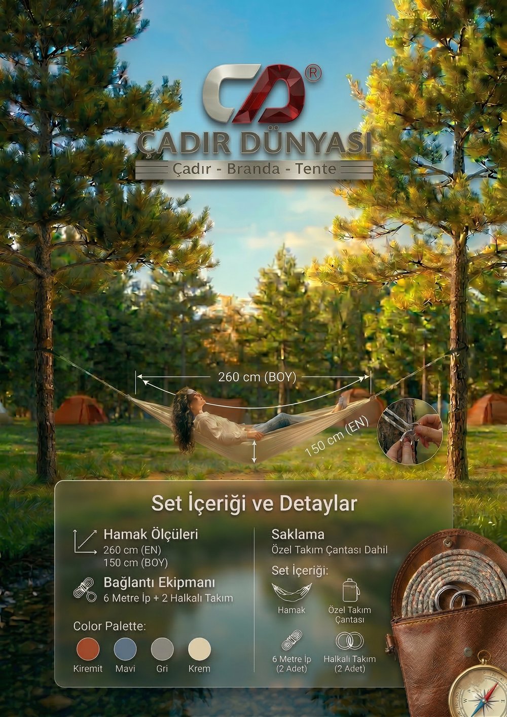 Çadır Dünyası Premium Hamak Seti - 150x260 cm Ekstra Geniş Boy, 2 Halkalı Sabitleme Takımı ve 6 Metre İp Hediyeli Taşıma Çantalı