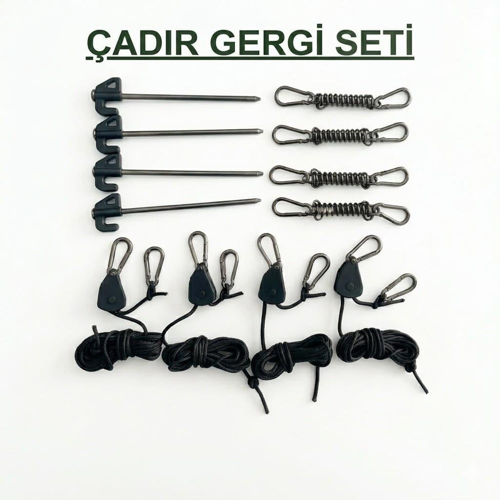 Çadır Dünyası Profesyonel Çadır Gergi Seti - 4 Adet Çelik Kazık, 4 Adet Makaralı İpli Gergi Aparatı ve 4 Adet Darbe Emici Gergi Yayı