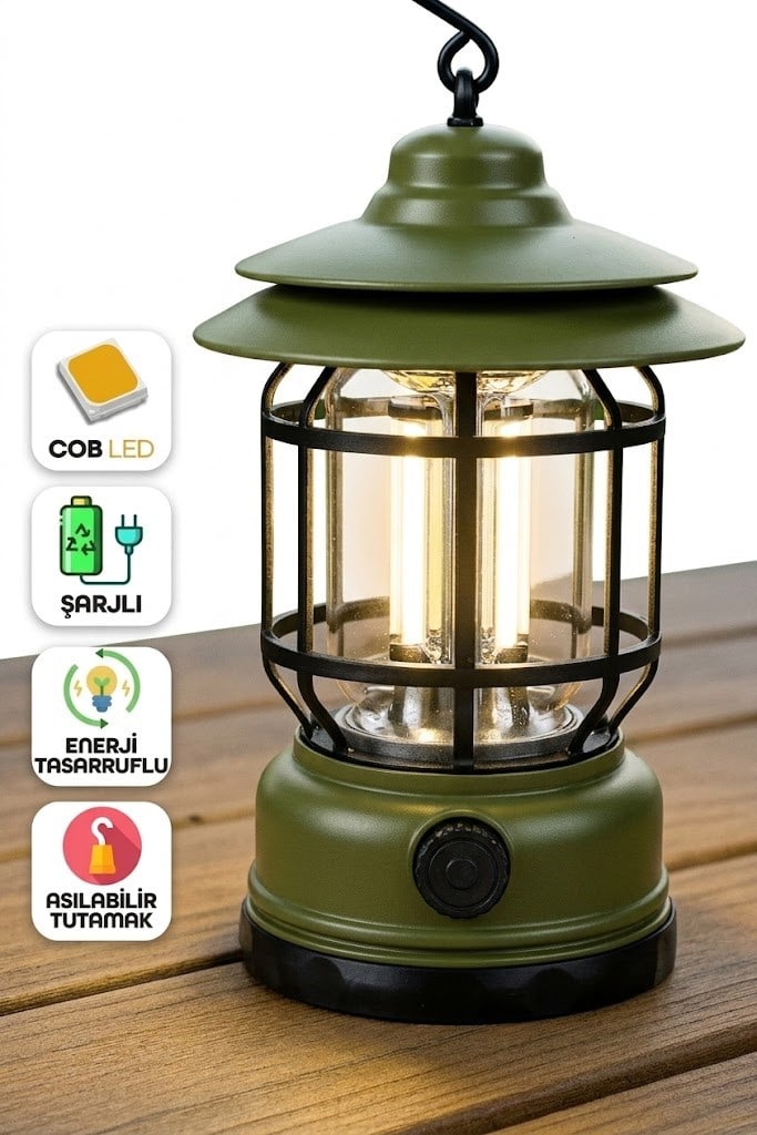 Çadır Dünyası SDR-L27 COB Kamp Lambası - 18650 Şarj Edilebilir Pilli, USB Girişli Taşınabilir Retro Fener ve Gece Aydınlatması
