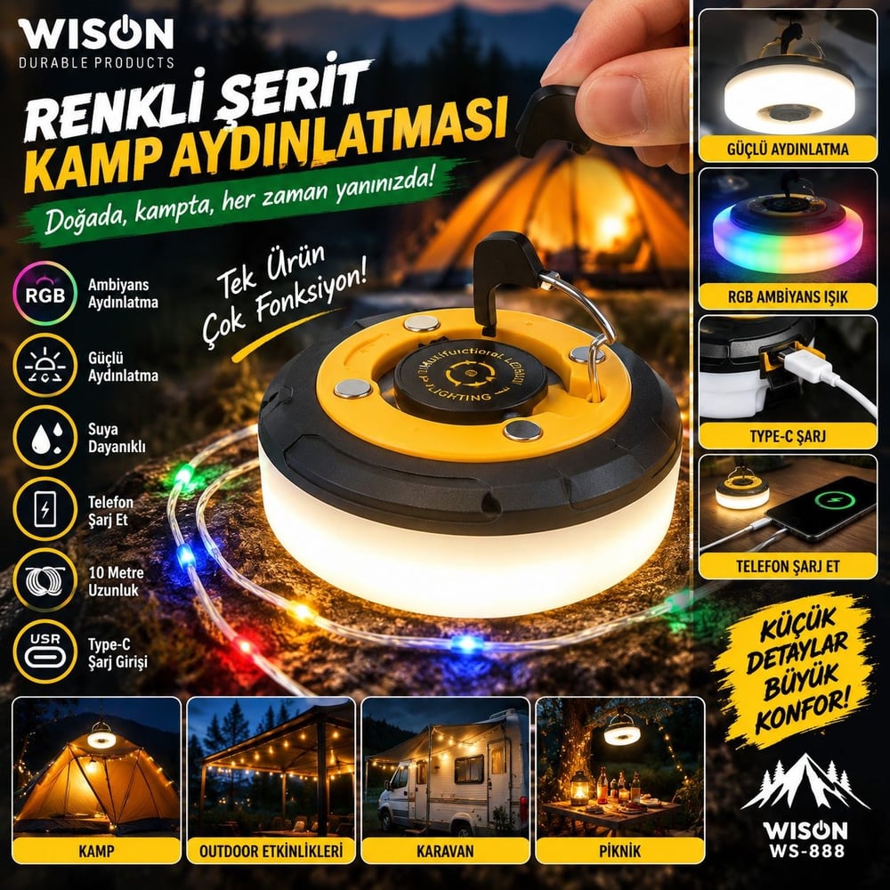 ÇADIR DÜNYASI WISON WS-888 RENKLİ ŞERİD LED KAMP LAMBASI
