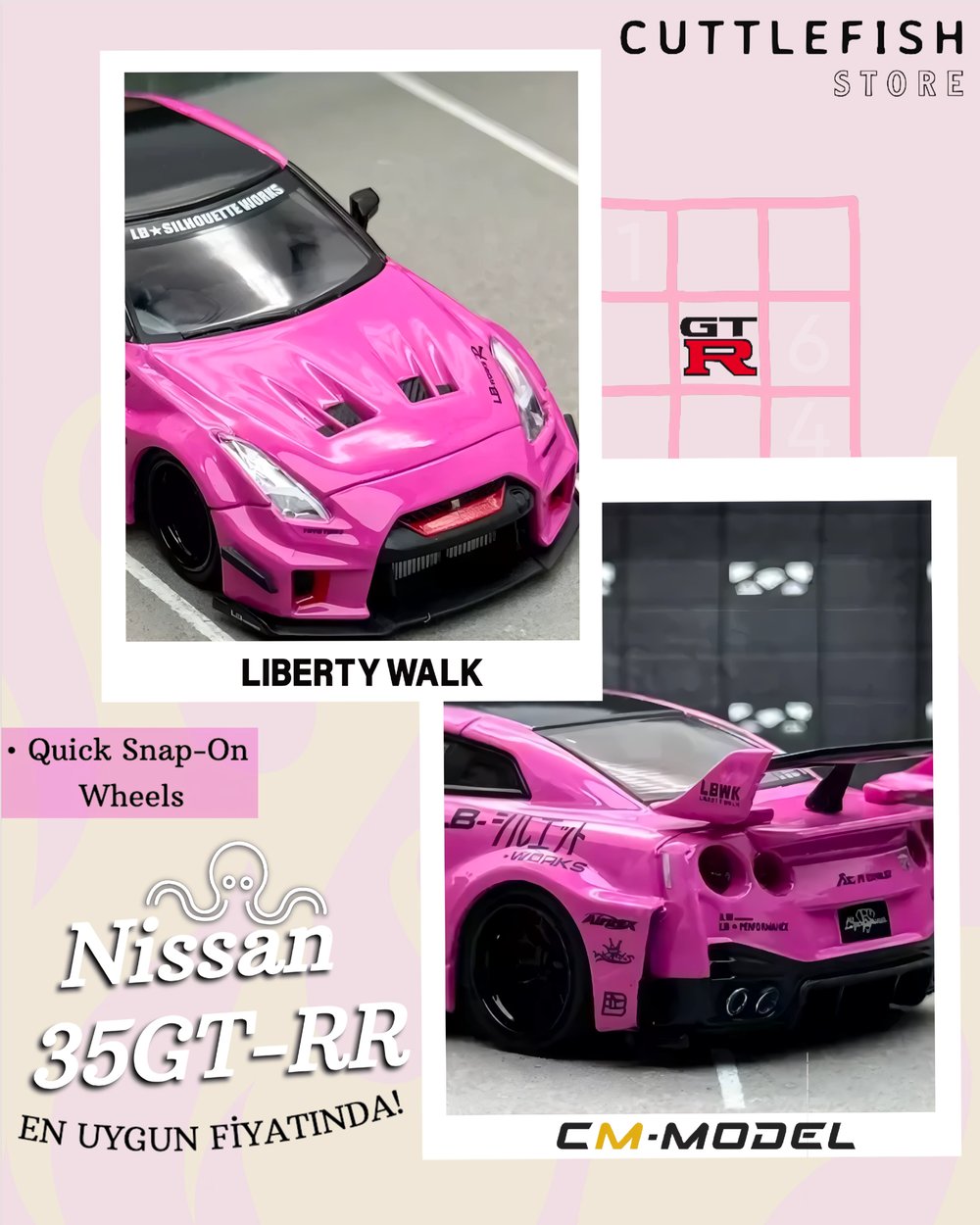 1/64 Nissan LBWK GT35RR Pink Diecast Scale Model Car