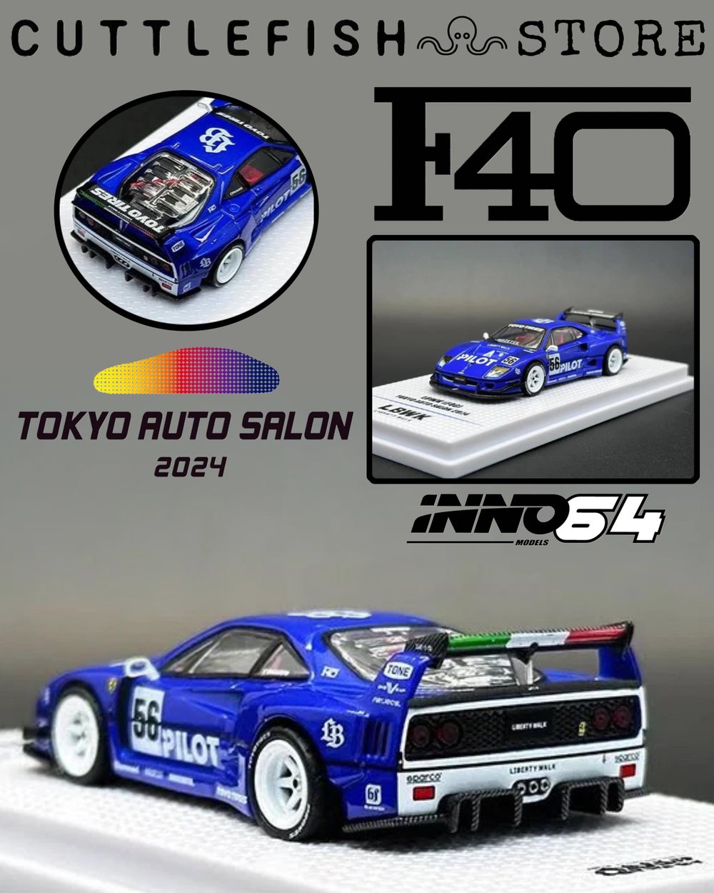 INNO 1/64 LBWK Ferrari F40 Tokyo Auto Salon 2024 Diecast Scale Model Car