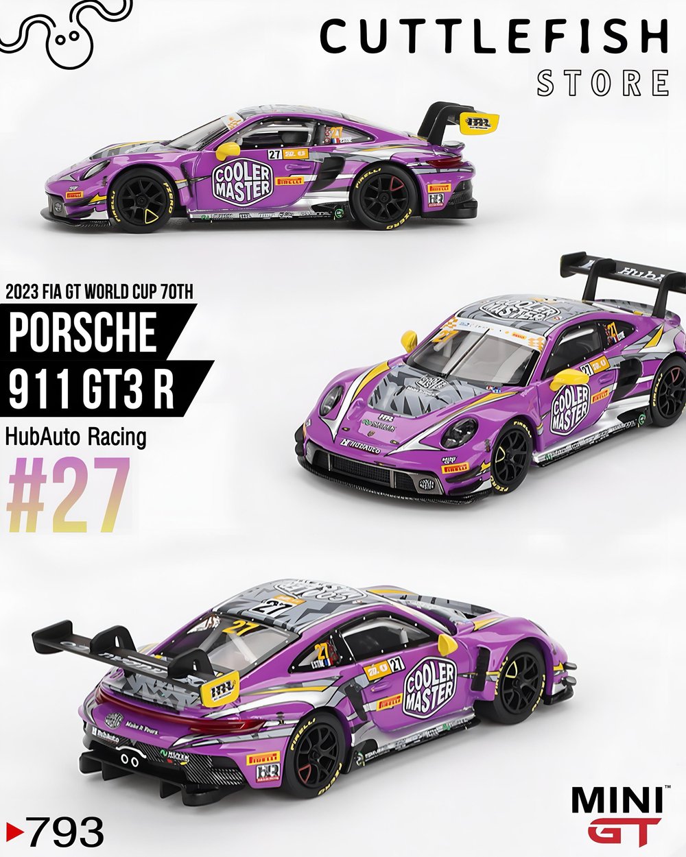 Mini GT 1/64 Porsche 911 GT3 R #27 HubAuto Racing 2023 FIA GT World Cup 70th Macau Grand Prix MGT00793
