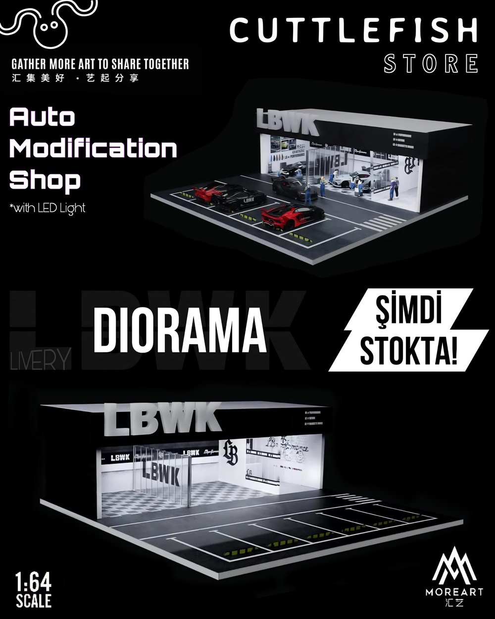 MoreArt 1/64 Assembly Diorama Auto Modification Shop with LED Light LBWK Livery