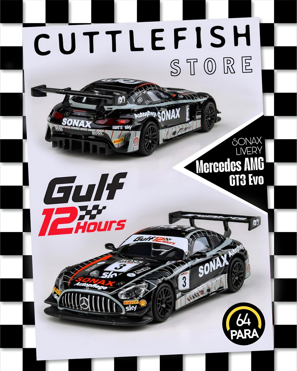 Para64 Mercedes AMG GT3 Evo 2021 Gulf 12hr Ram Racing Sonax Livery