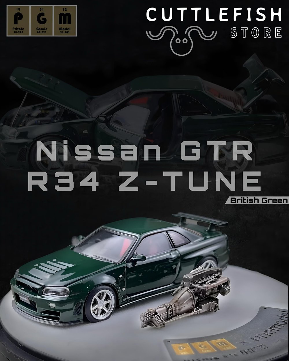 PGM 1/64 Nissan Skyline GT-R R34 Z-Tune British Green Luxury Round Stand Version