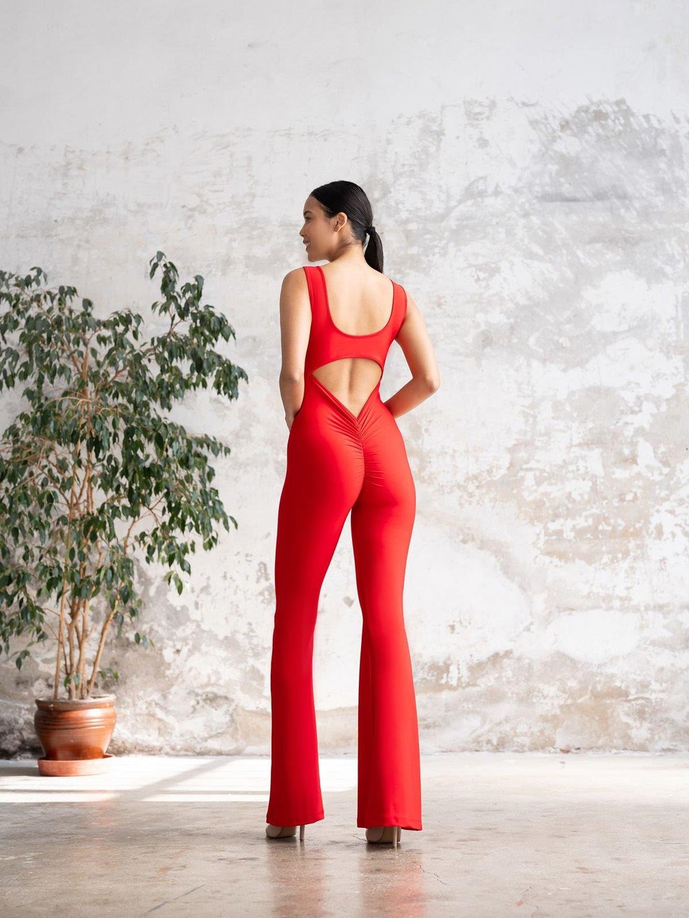 İspanyol Scrunch Butt Jumpsuit Kırmızı Renk 1502