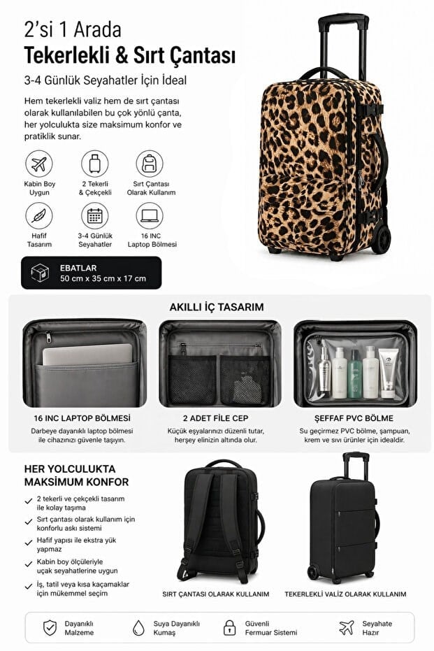 ✈️ WOYS TRAVEL Valize Gerek Bırakmayan Kabin Boy Leopar Desenli Seyahat Çantası