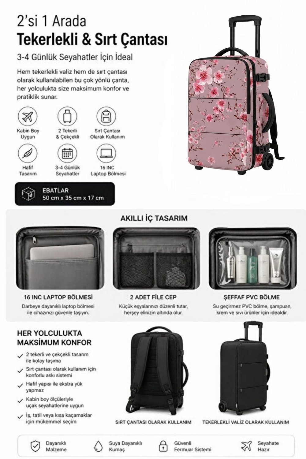 ✈️ WOYS TRAVEL Valize Gerek Bırakmayan Kabin Boy Pembe Çiçek Desenli Seyahat Çantası