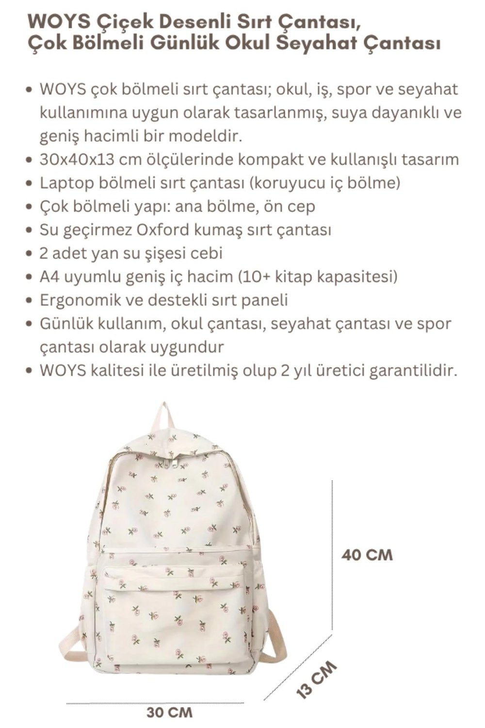 4 Bölmeli Geniş Ebatlı Çiçek Desenli Kadın Sırt Çantası - Günlük Kullanım Kadın Sırt Çantası