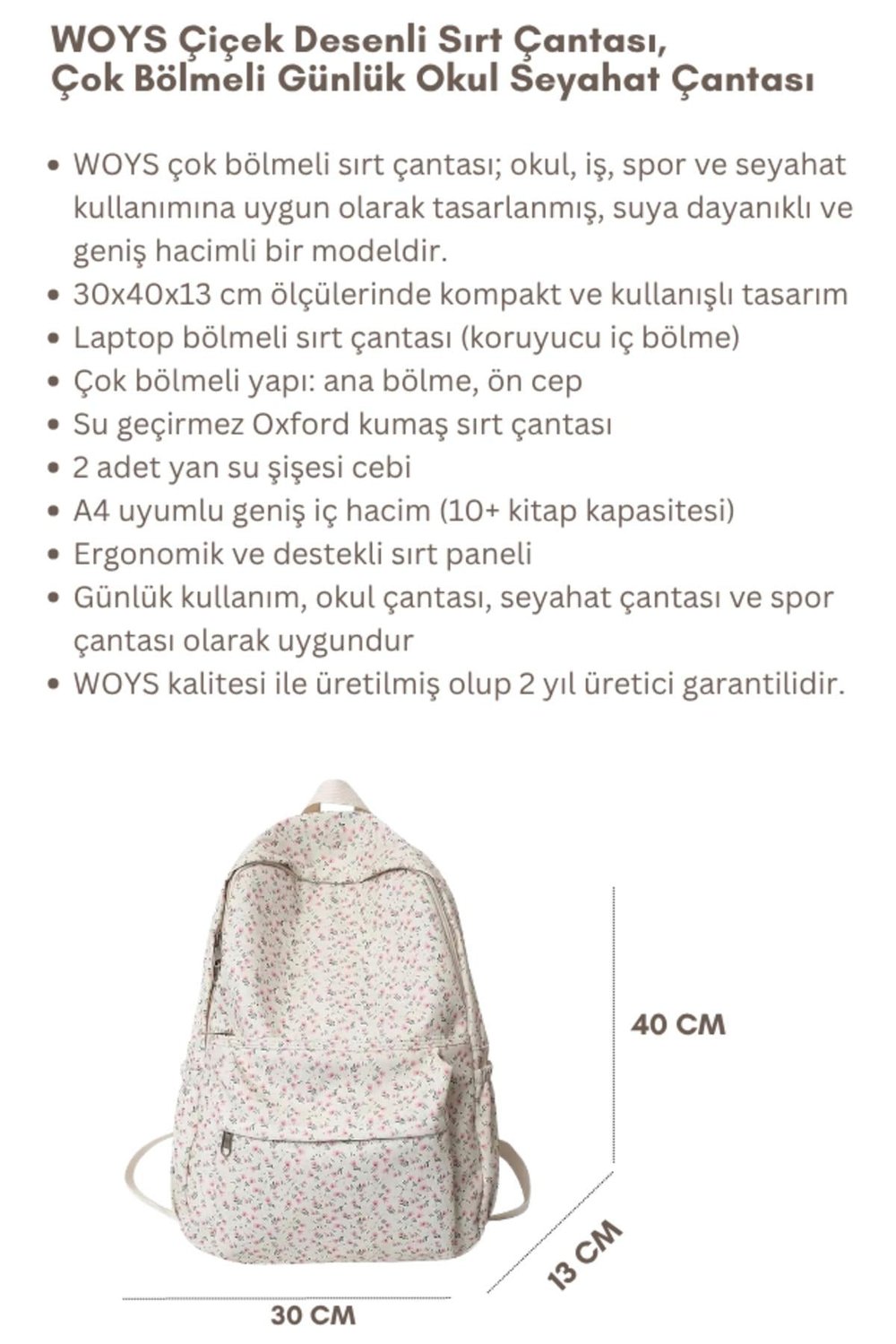 4 Bölmeli Geniş Ebatlı Desenli Kadın Sırt Çantası - Günlük Kullanım Kadın Sırt Çantası