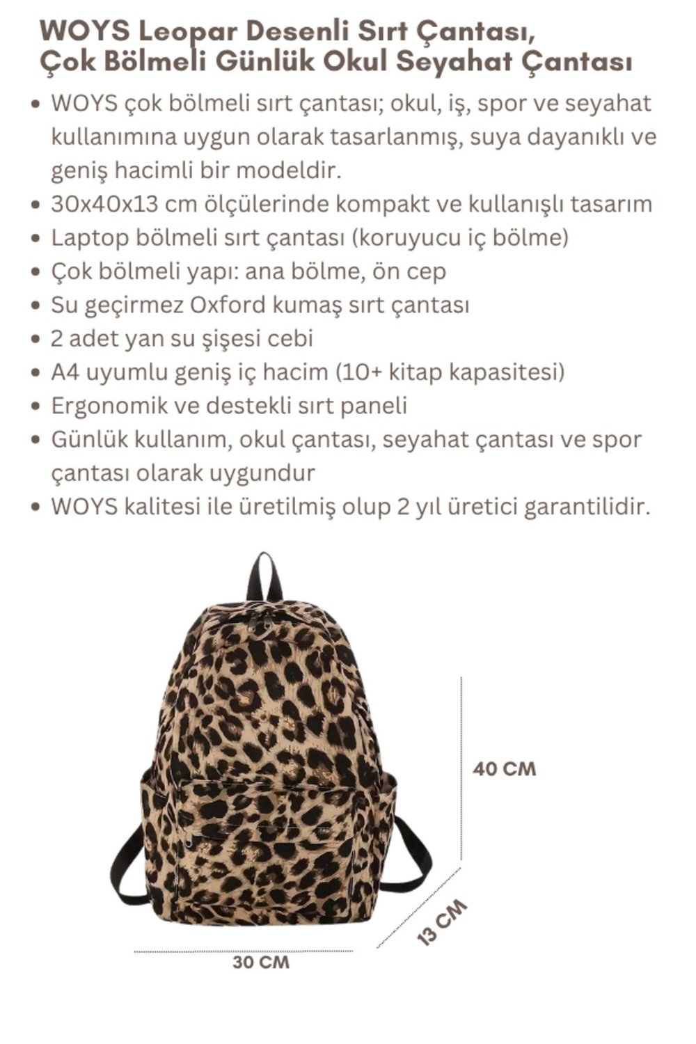 4 Bölmeli Geniş Ebatlı Leopar Desenli Kadın Sırt Çantası - Günlük Kullanım Kadın Sırt Çantası