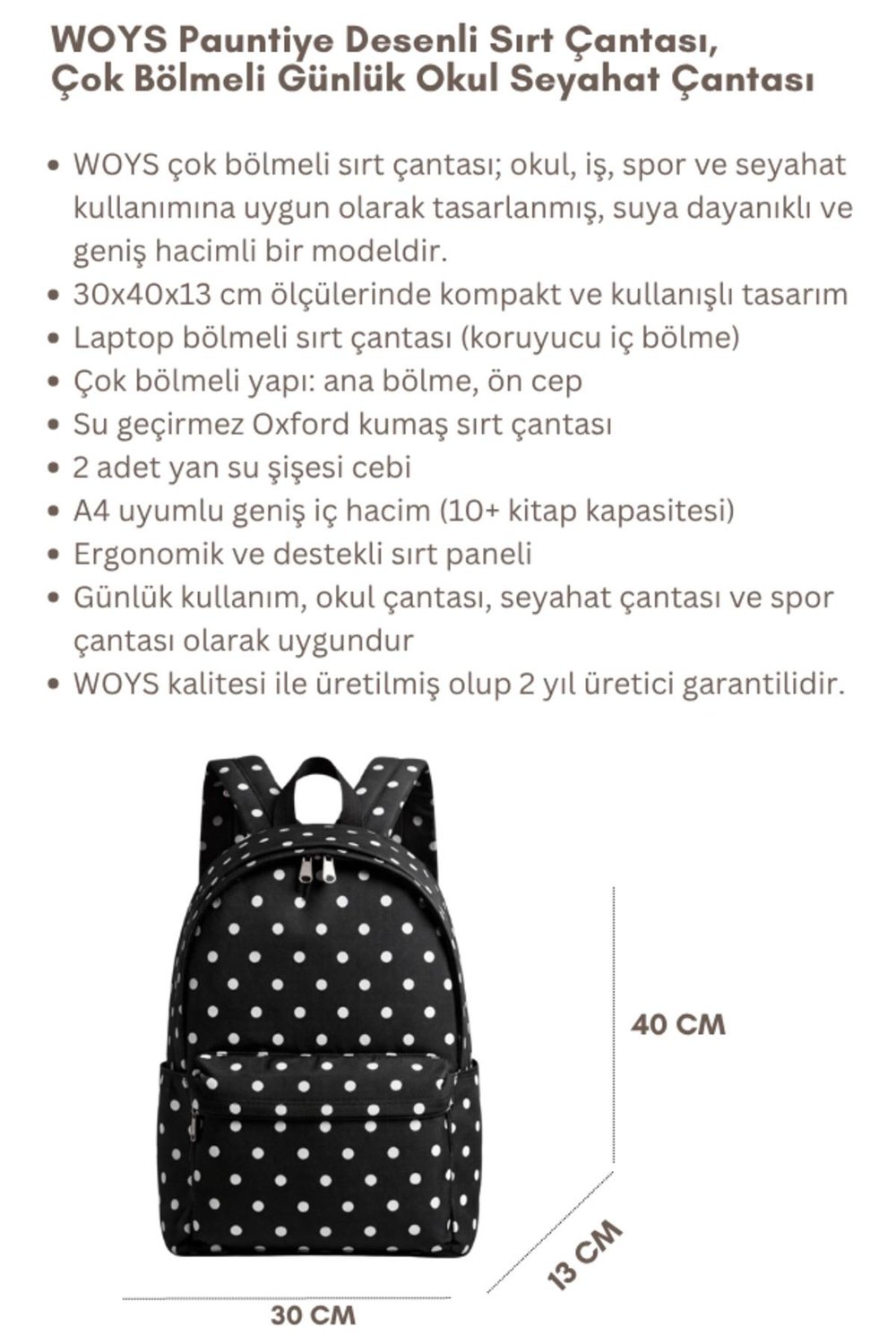 4 Bölmeli Geniş Ebatlı Puantiye Desenli Kadın Sırt Çantası - Günlük Kullanım Kadın Sırt Çantası