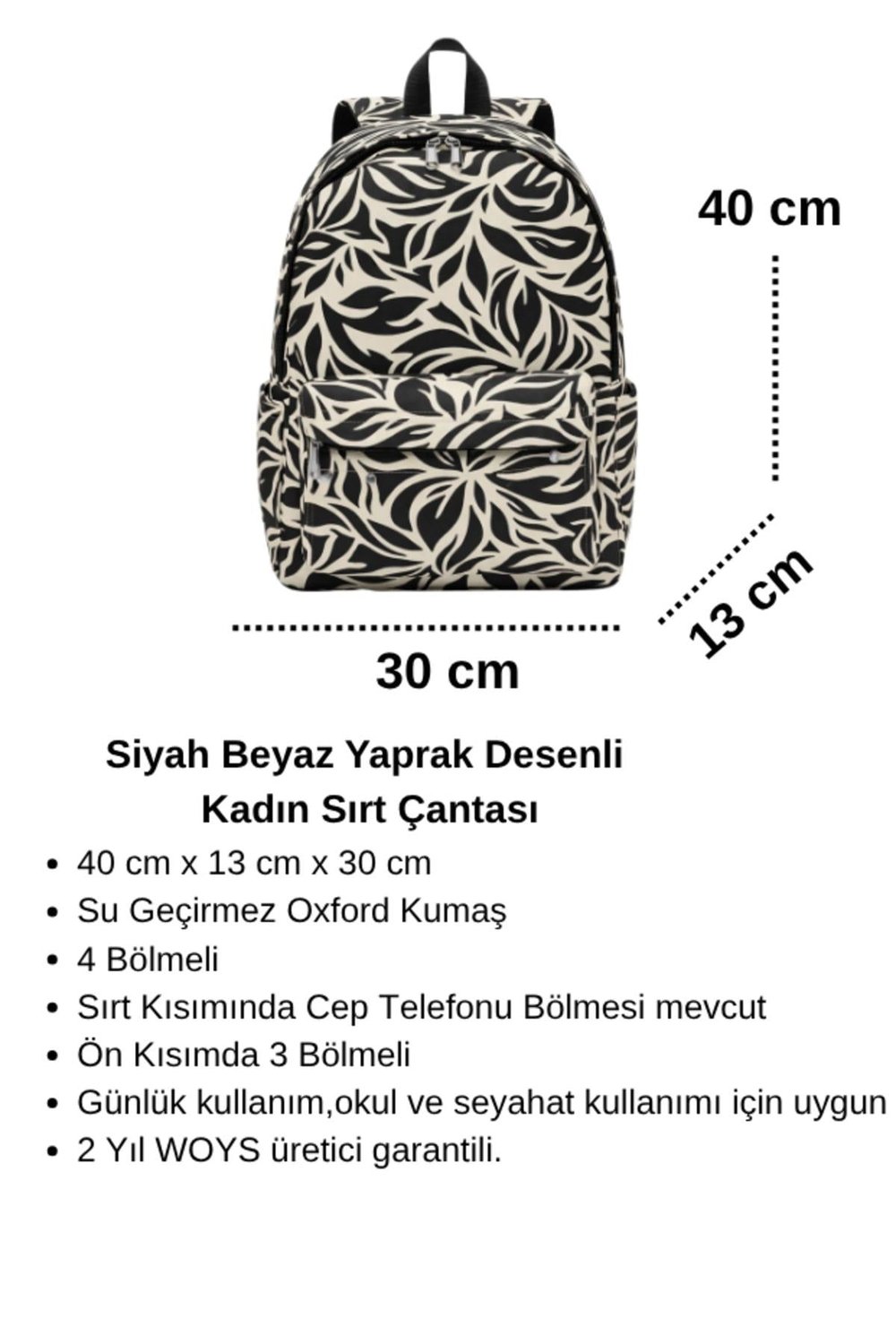 4 Bölmeli Geniş Siyah Beyaz Yaprak Desenli Kadın Sırt Çantası - Günlük Kullanım Kadın Sırt Çantası