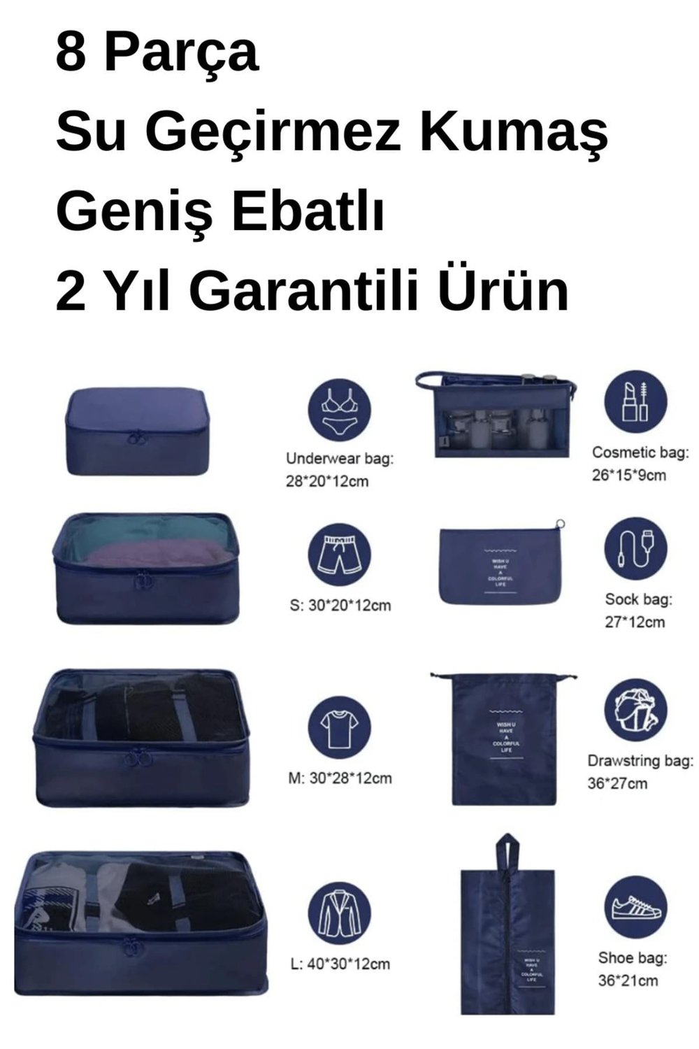 8 PARÇA Premium Lacivert Renk Seyahat Valiz İçi Organizer -Bavul Ambalaj Seti Saklama, Hurç