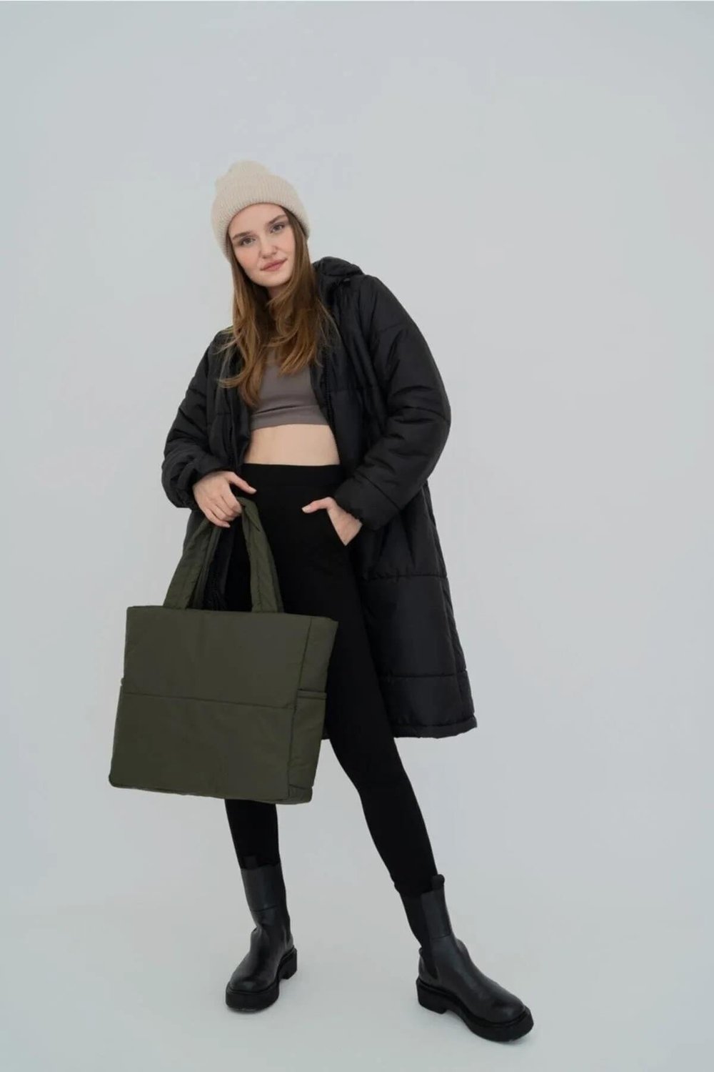 Haki Renk Kabartmalı Puf Kumaş Shopper Çanta