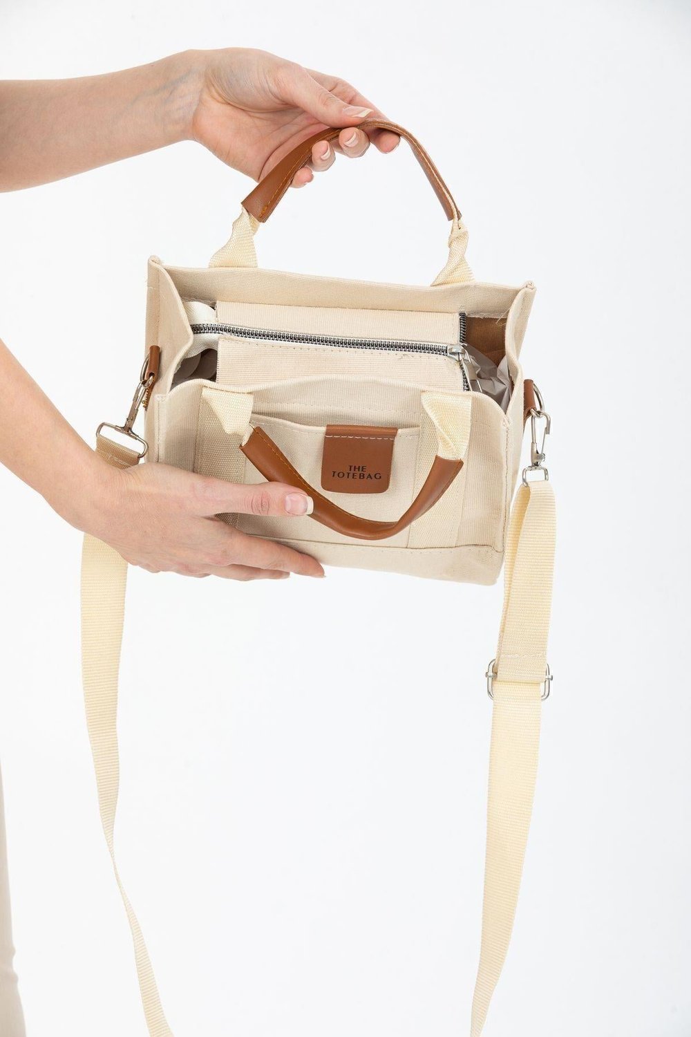 Kadın Krem Kanvas Çapraz Askılı Mini The Tote Bag El Omuz Çanta