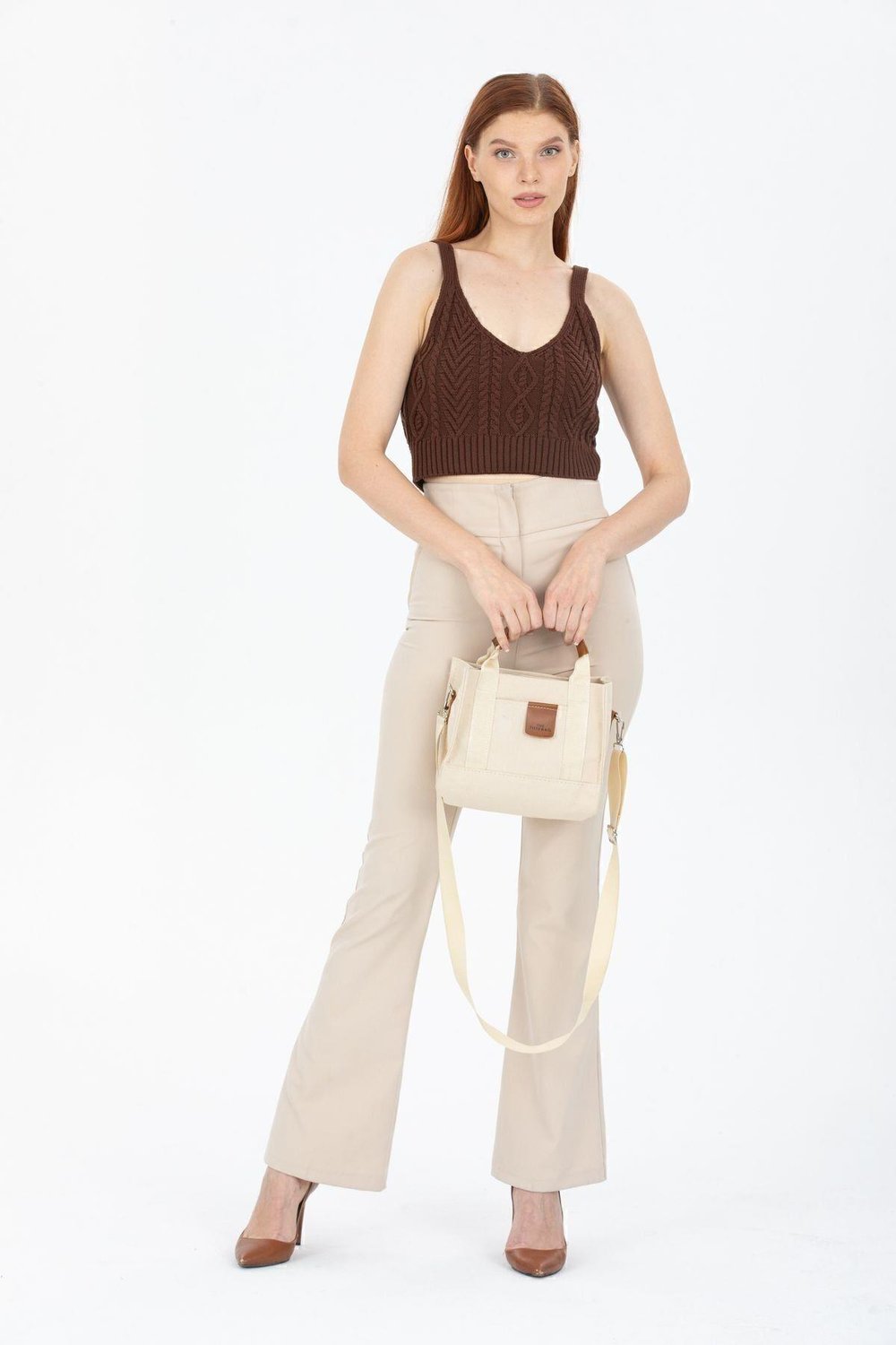 Kadın Krem Kanvas Çapraz Askılı Mini The Tote Bag El Omuz Çanta