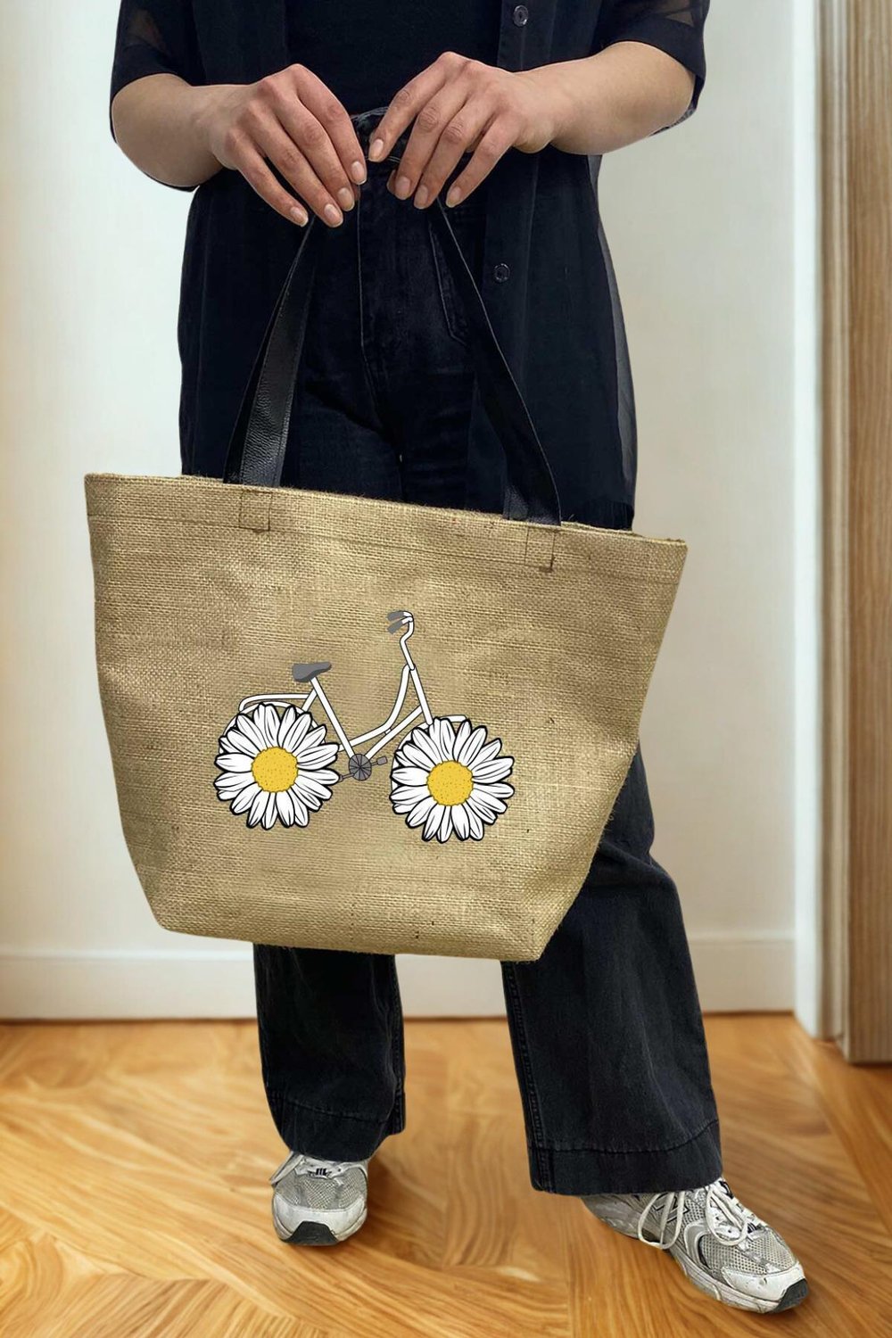 WOYS TRAVEL Daisy Hasır Plaj Çantası ve Makyaj Çantası İkili Set Papatya Baskılı
