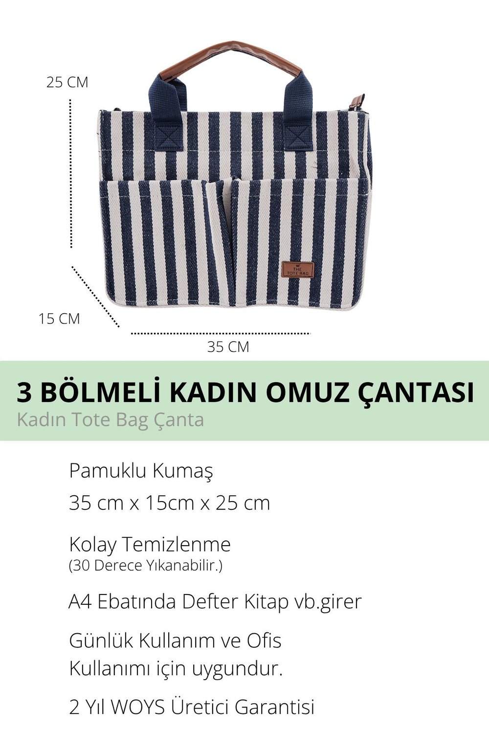 ÜÇ GÖZLÜ THE TOTE BAG LACİVERT ÇİZGİLİ CANVAS KADIN OMUZ ÇANTA