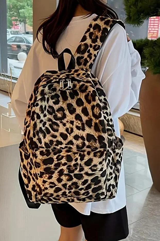 Woys 4 Bölmeli Geniş Ebatlı Leopar Desenli Kadın Sırt Çantası - Günlük Kullanım Kadın Sırt Çantası