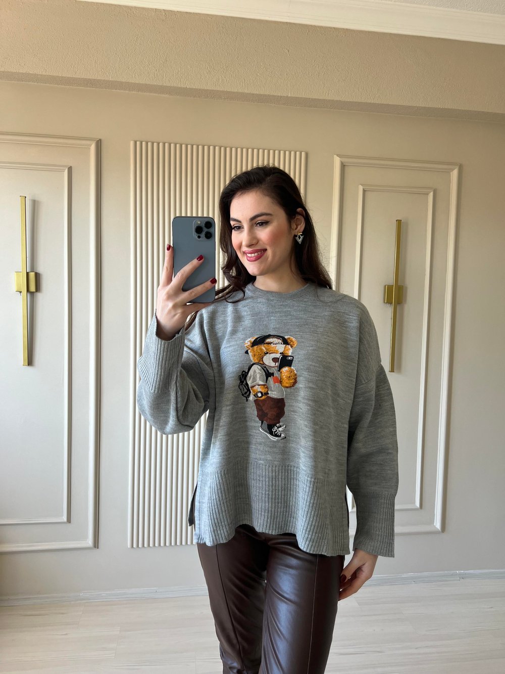 Teddy baskılı Gri sweatshirt - 1037