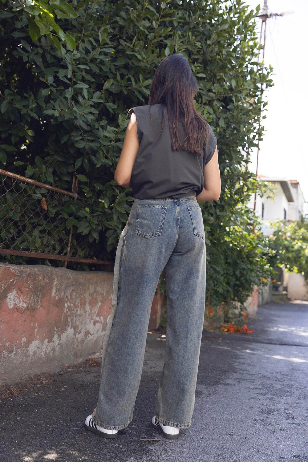 Parça Kumaşlı Wet Leg Denim Pantolon