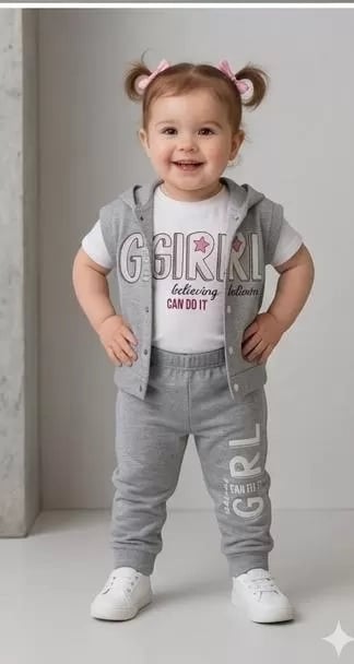 1/4 Yaş Girl Baskılı Yelekli 3lü Çocuk Takımı