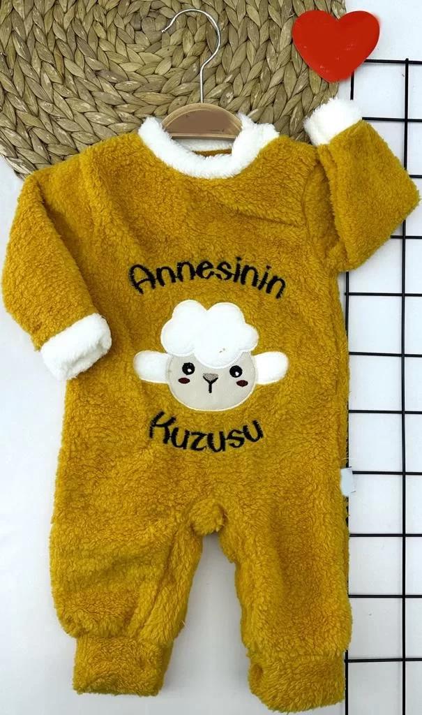 3-6-9-12 Ay Kuzu Tüylü Kumaş Annesinin Kuzusu Nakışlı Alttan Çıtçıtlı Kız Erkek Bebek Tulumu Hardal