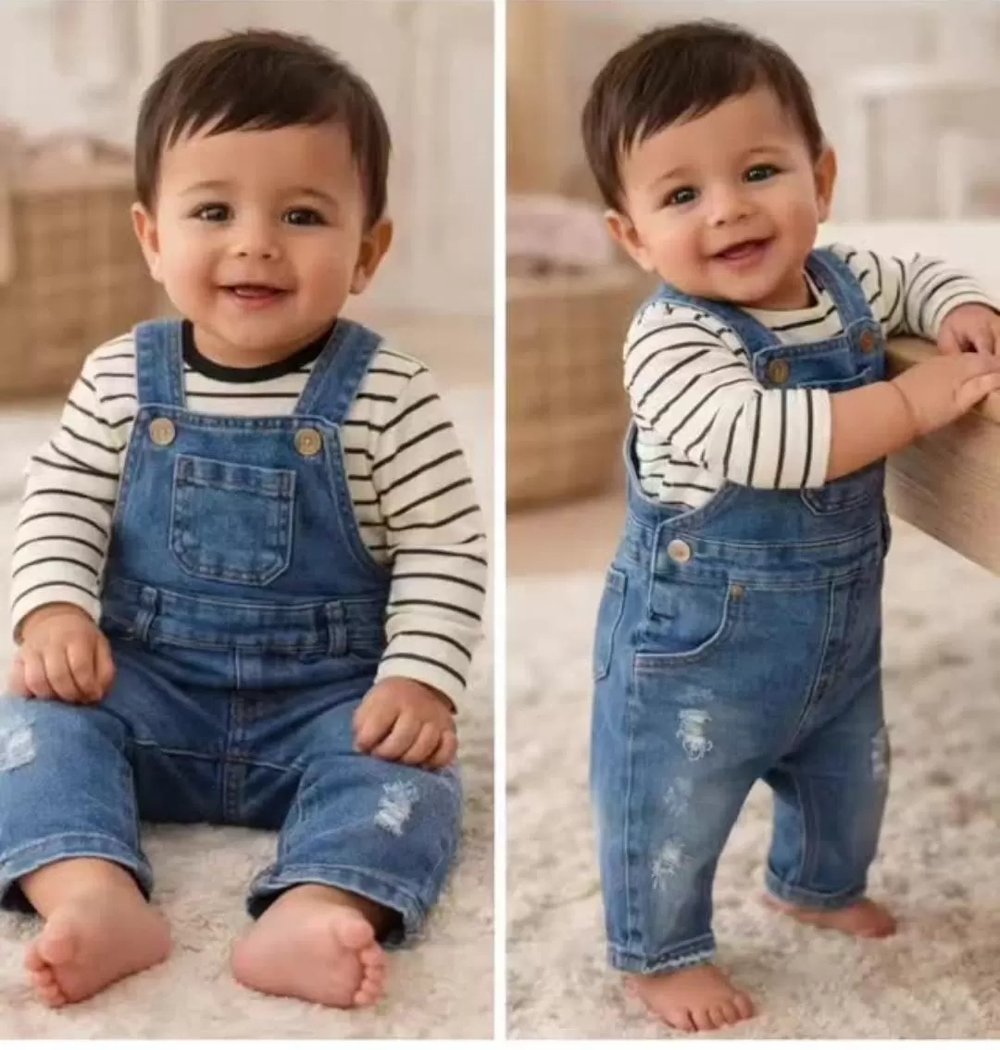 6-18 Ay Çizgili Badili Kot Salopet Bebek Takımı